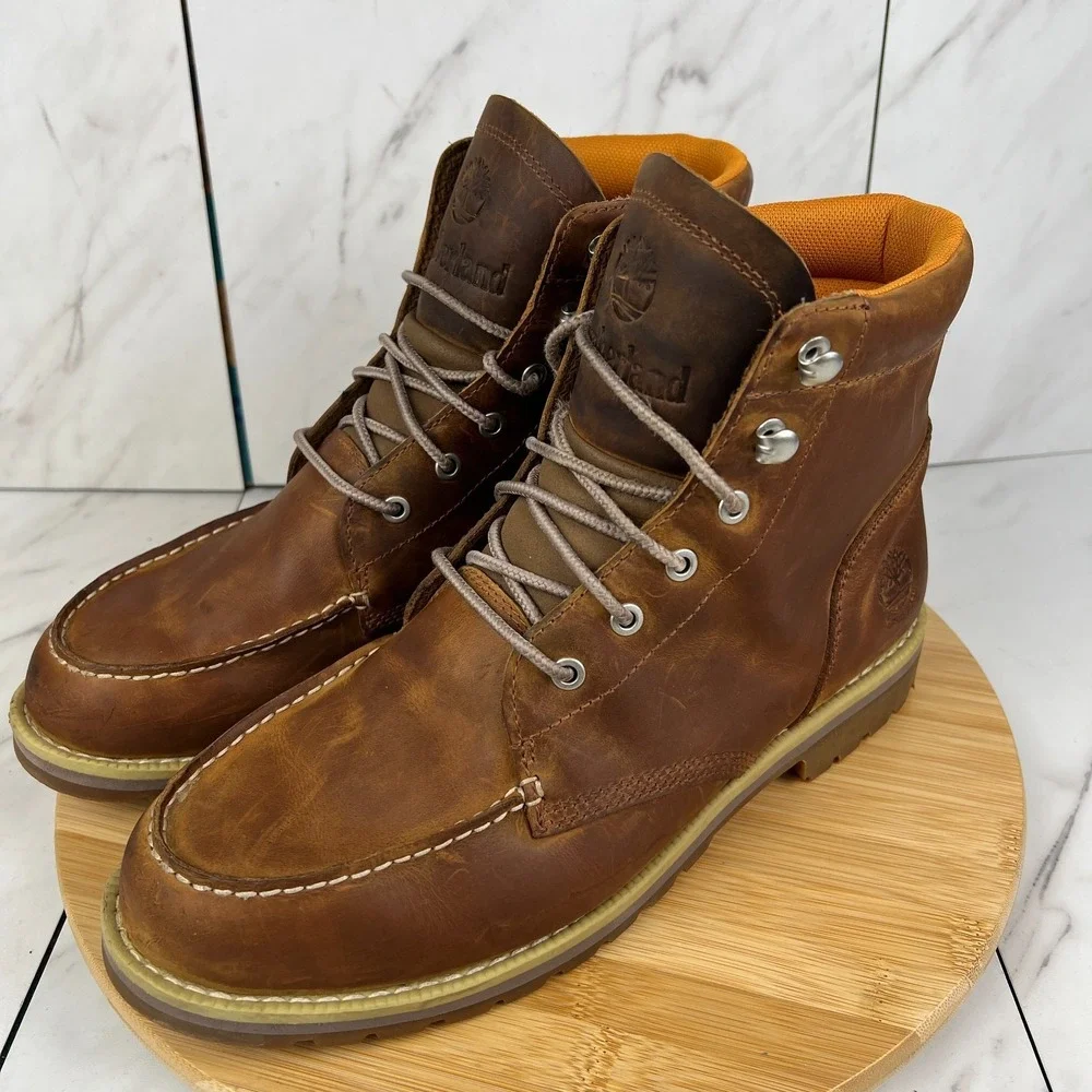 Timberland Redwood Falls Mens Size 9.5 Brown Leather Waterproof Moc-Toe Boots